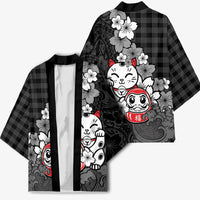 Black Palaka Hawaiian And Japanese Kimono Maneki Neko And Sakura Bloom DT05 - Polynesian Pride