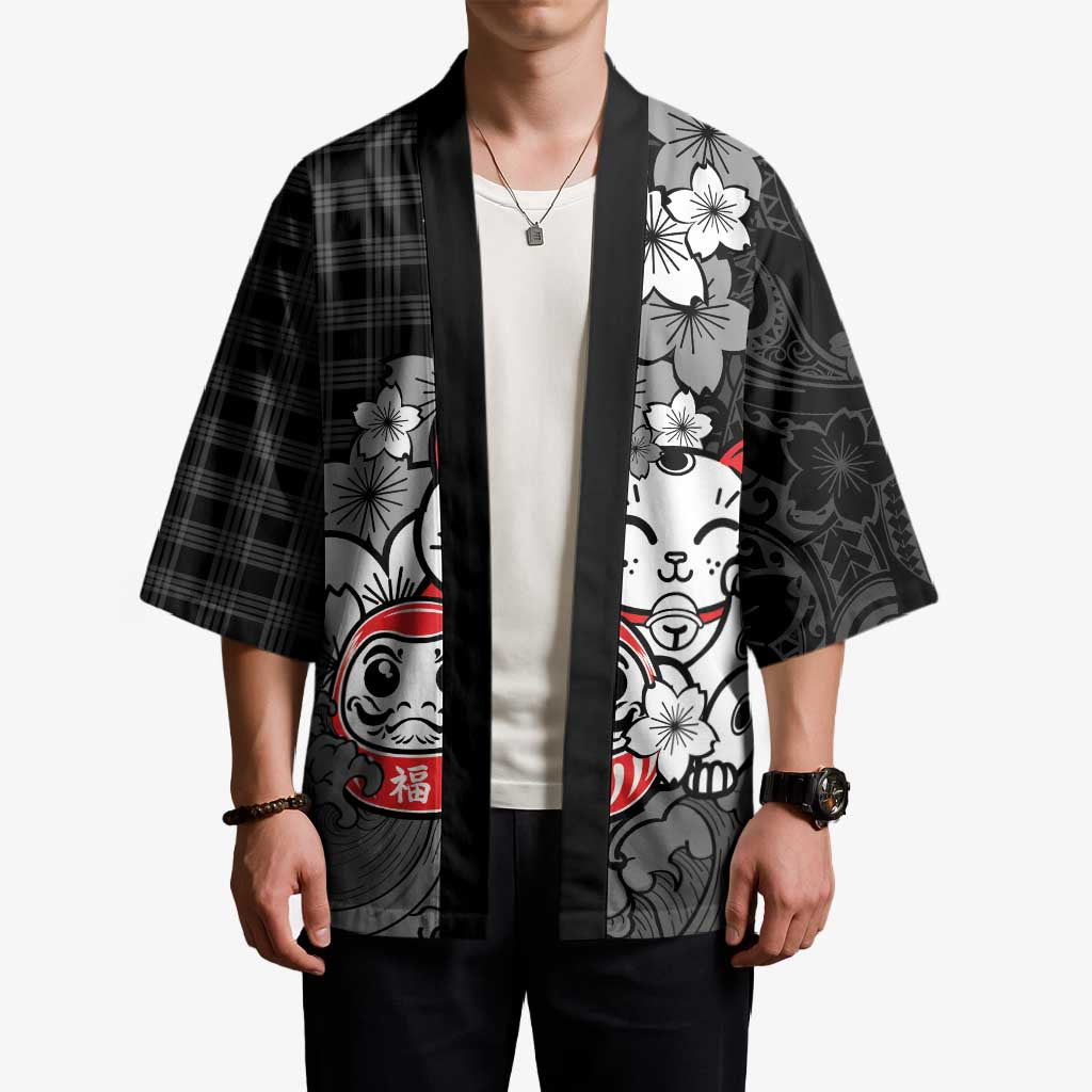 Black Palaka Hawaiian And Japanese Kimono Maneki Neko And Sakura Bloom DT05 - Polynesian Pride