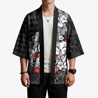 Black Palaka Hawaiian And Japanese Kimono Maneki Neko And Sakura Bloom DT05 - Polynesian Pride