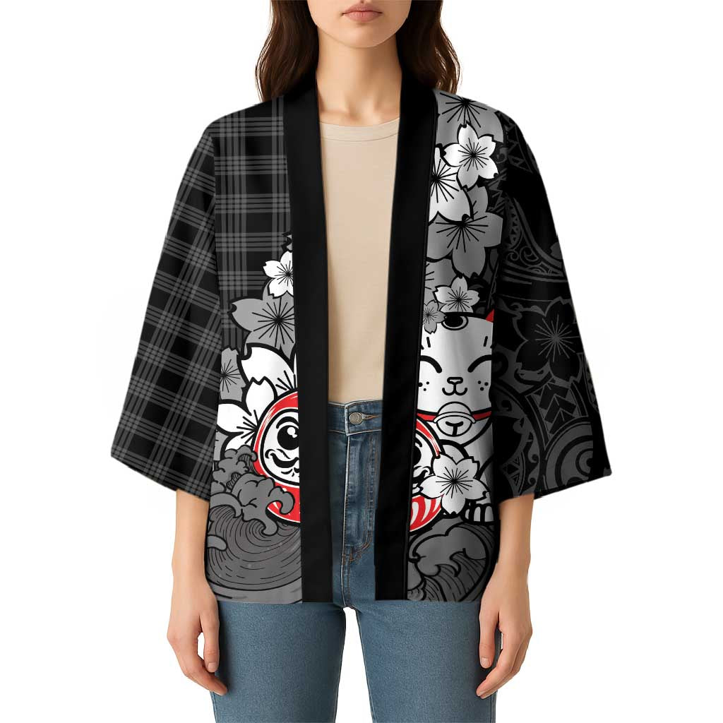 Black Palaka Hawaiian And Japanese Kimono Maneki Neko And Sakura Bloom DT05 - Polynesian Pride