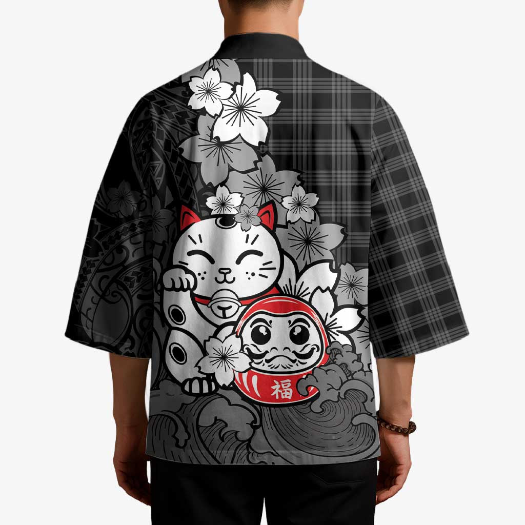 Black Palaka Hawaiian And Japanese Kimono Maneki Neko And Sakura Bloom DT05 - Polynesian Pride