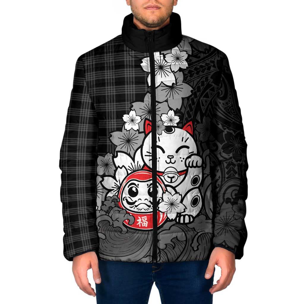 Black Palaka Hawaiian And Japanese Padded Jacket Maneki Neko And Sakura Bloom DT05 Men Black - Polynesian Pride