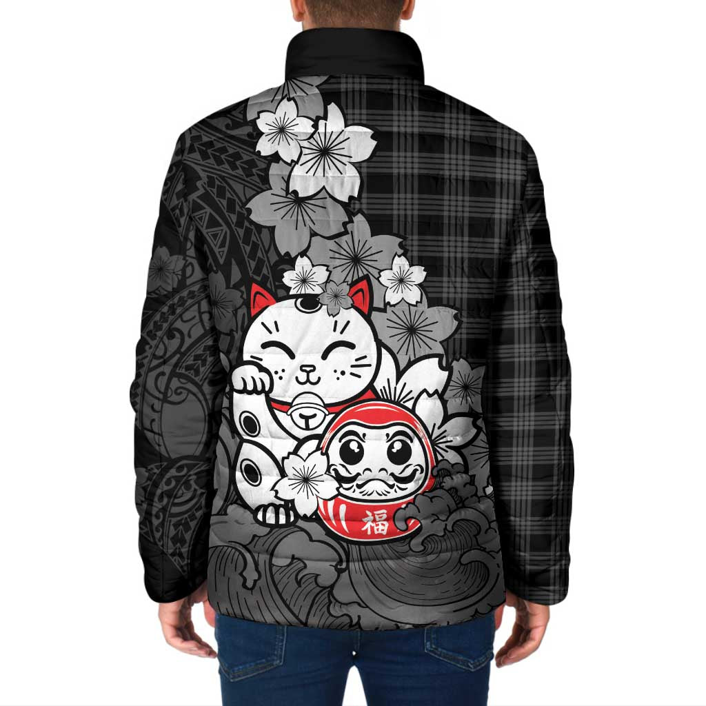 Black Palaka Hawaiian And Japanese Padded Jacket Maneki Neko And Sakura Bloom DT05 - Polynesian Pride