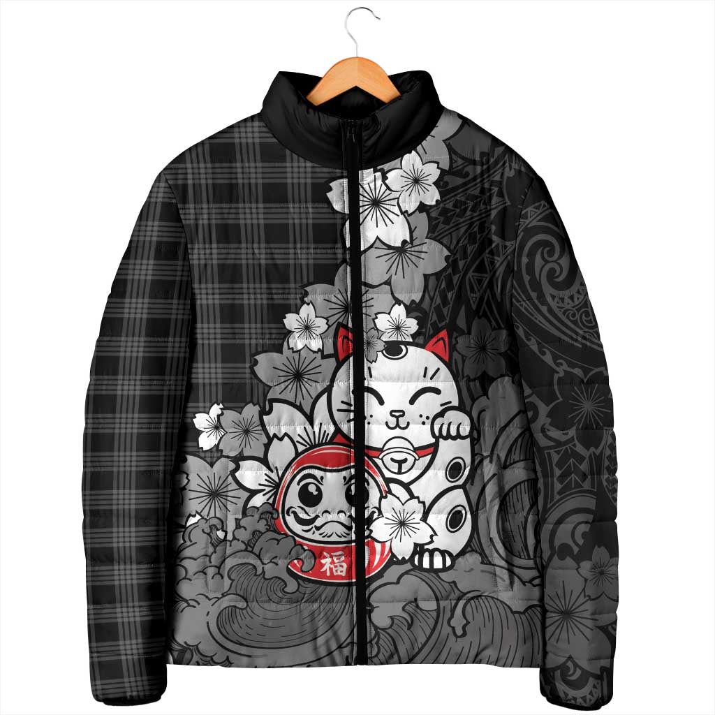 Black Palaka Hawaiian And Japanese Padded Jacket Maneki Neko And Sakura Bloom DT05 - Polynesian Pride