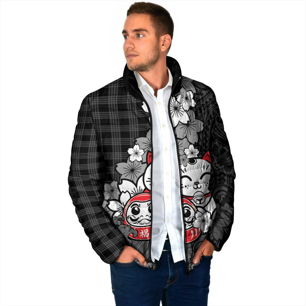 Black Palaka Hawaiian And Japanese Padded Jacket Maneki Neko And Sakura Bloom DT05 - Polynesian Pride