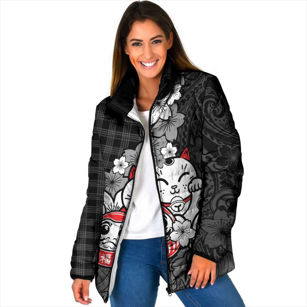 Black Palaka Hawaiian And Japanese Padded Jacket Maneki Neko And Sakura Bloom DT05 Women Black - Polynesian Pride
