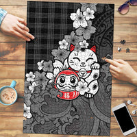 Black Palaka Hawaiian And Japanese Puzzle Maneki Neko And Sakura Bloom DT05 Black - Polynesian Pride