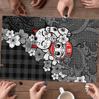 Black Palaka Hawaiian And Japanese Puzzle Maneki Neko And Sakura Bloom DT05 - Polynesian Pride
