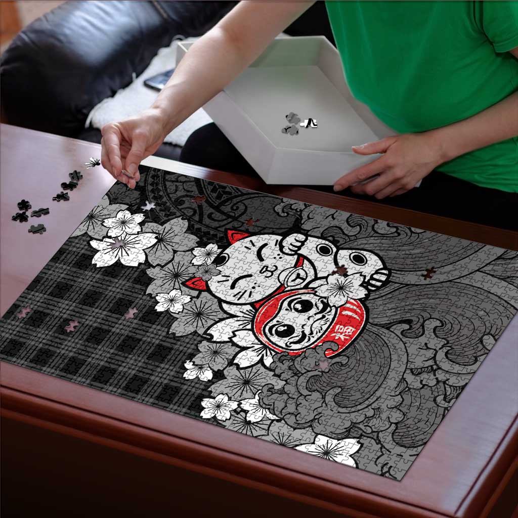 Black Palaka Hawaiian And Japanese Puzzle Maneki Neko And Sakura Bloom DT05 - Polynesian Pride