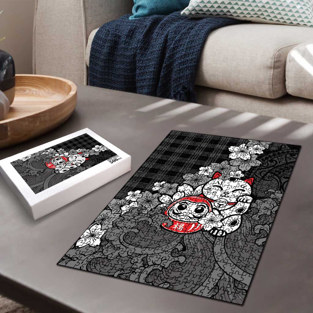 Black Palaka Hawaiian And Japanese Puzzle Maneki Neko And Sakura Bloom DT05 - Polynesian Pride