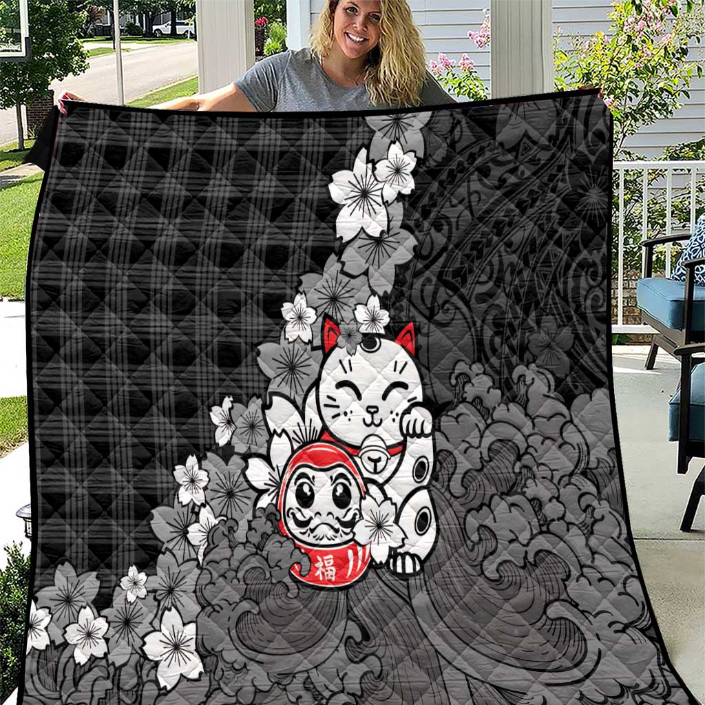 Black Palaka Hawaiian And Japanese Quilt Maneki Neko And Sakura Bloom DT05 Black - Polynesian Pride