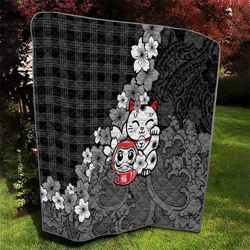 Black Palaka Hawaiian And Japanese Quilt Maneki Neko And Sakura Bloom DT05 - Polynesian Pride