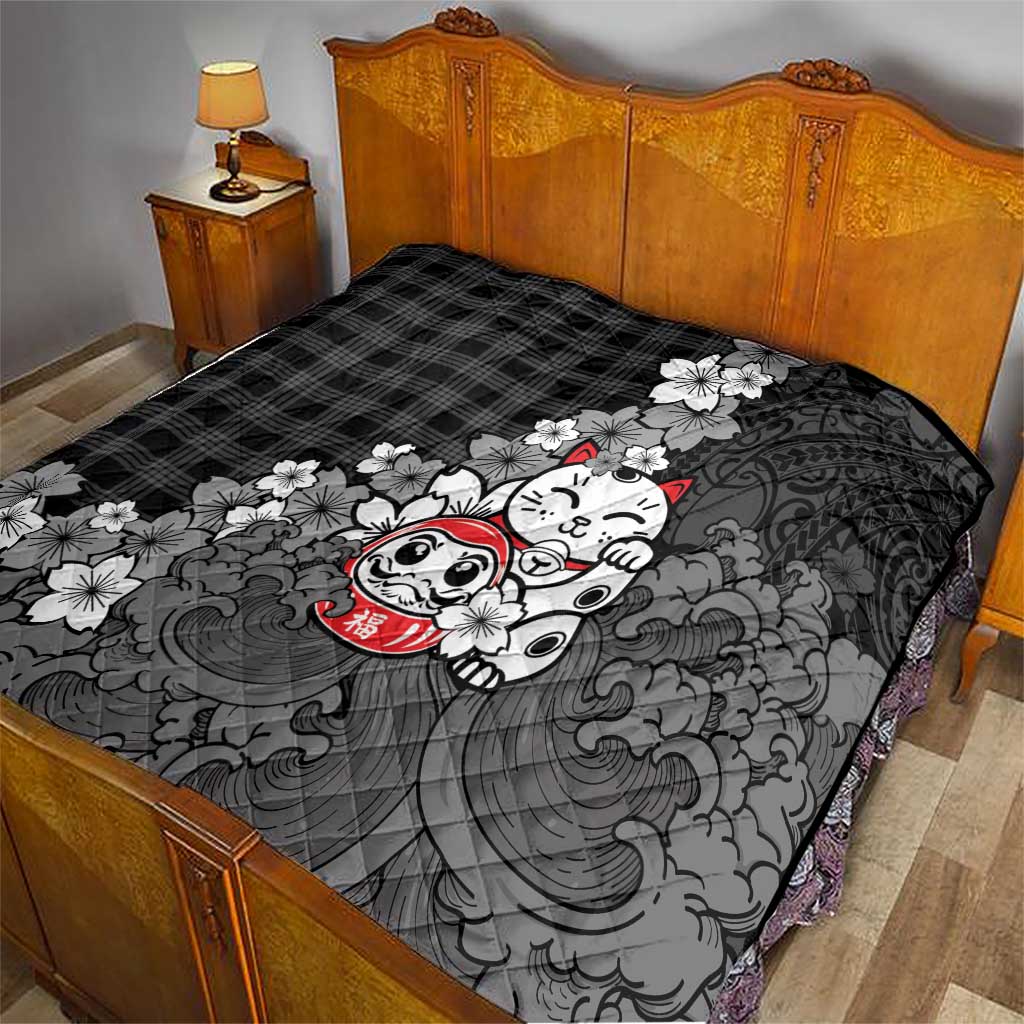 Black Palaka Hawaiian And Japanese Quilt Maneki Neko And Sakura Bloom DT05 - Polynesian Pride