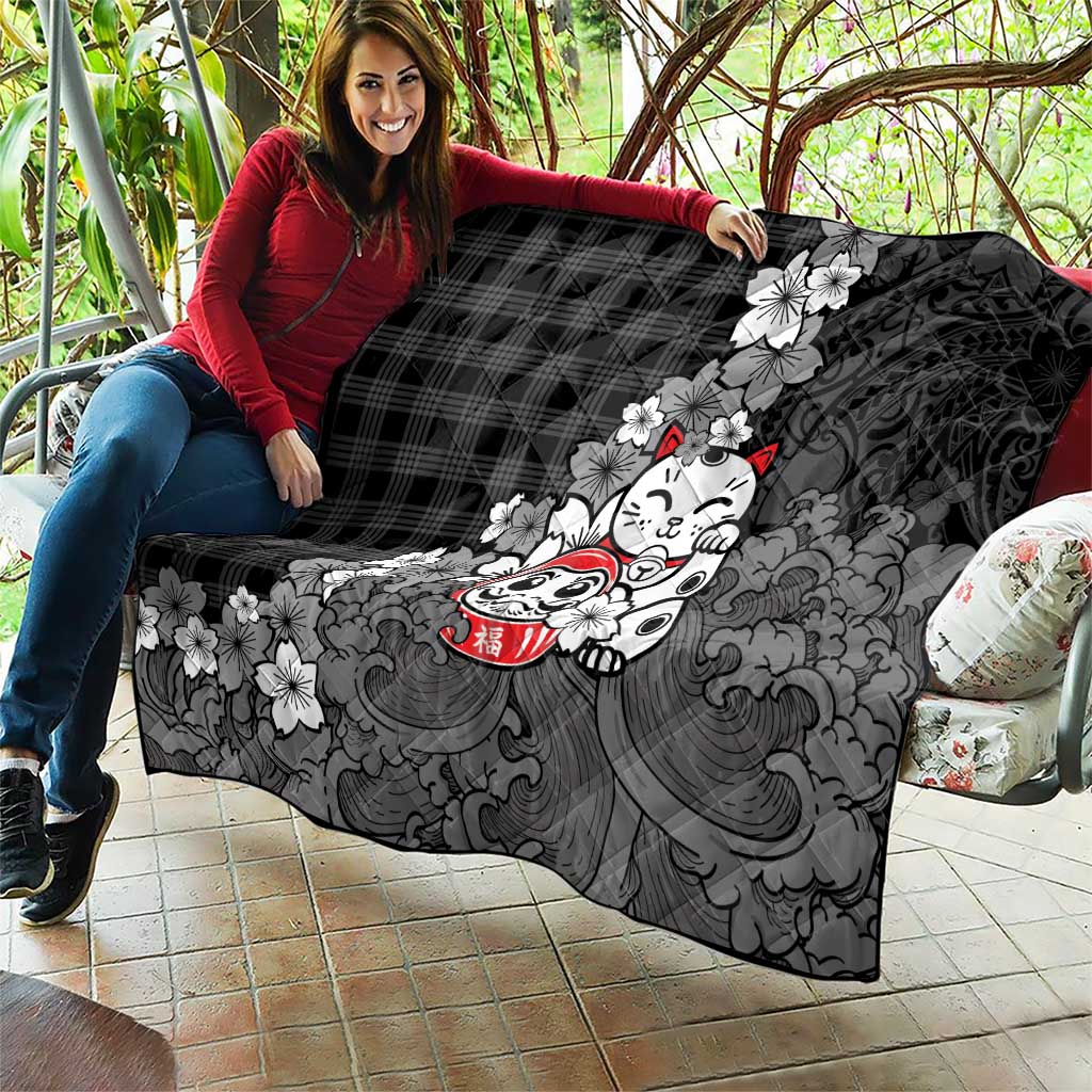 Black Palaka Hawaiian And Japanese Quilt Maneki Neko And Sakura Bloom DT05 - Polynesian Pride