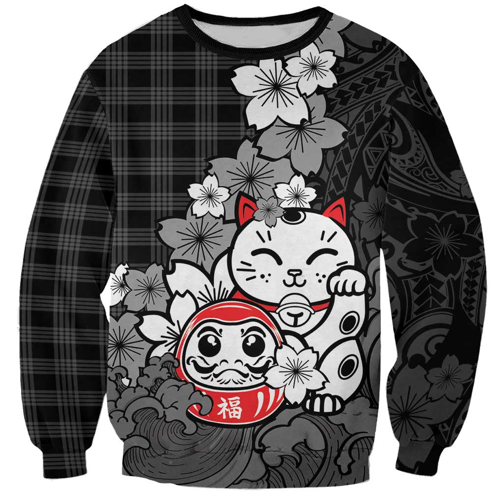 Black Palaka Hawaiian And Japanese Sweatshirt Maneki Neko And Sakura Bloom DT05 Unisex Black - Polynesian Pride