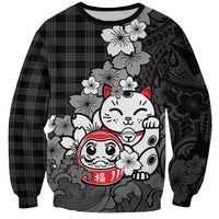 Black Palaka Hawaiian And Japanese Sweatshirt Maneki Neko And Sakura Bloom DT05 Unisex Black - Polynesian Pride