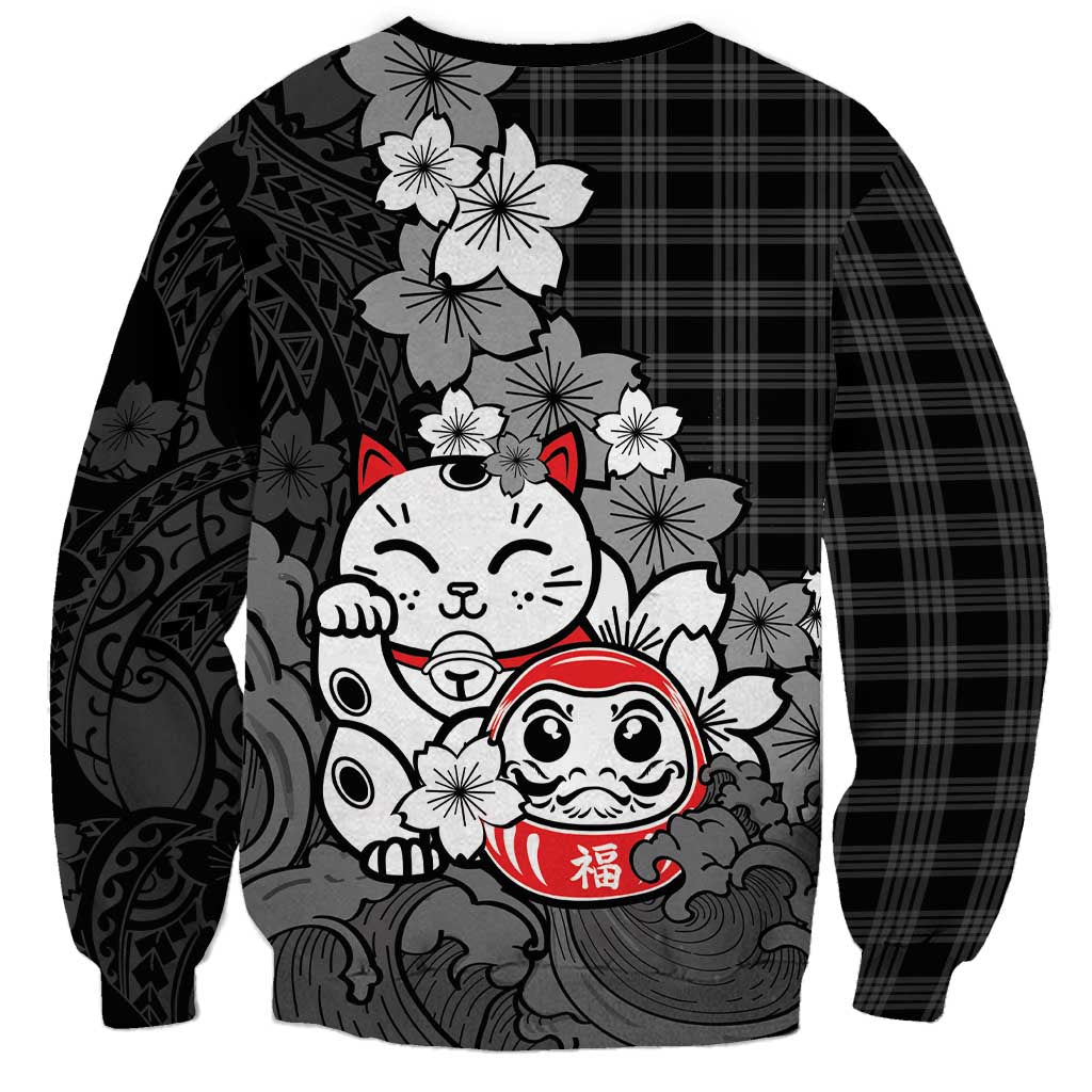 Black Palaka Hawaiian And Japanese Sweatshirt Maneki Neko And Sakura Bloom DT05 - Polynesian Pride