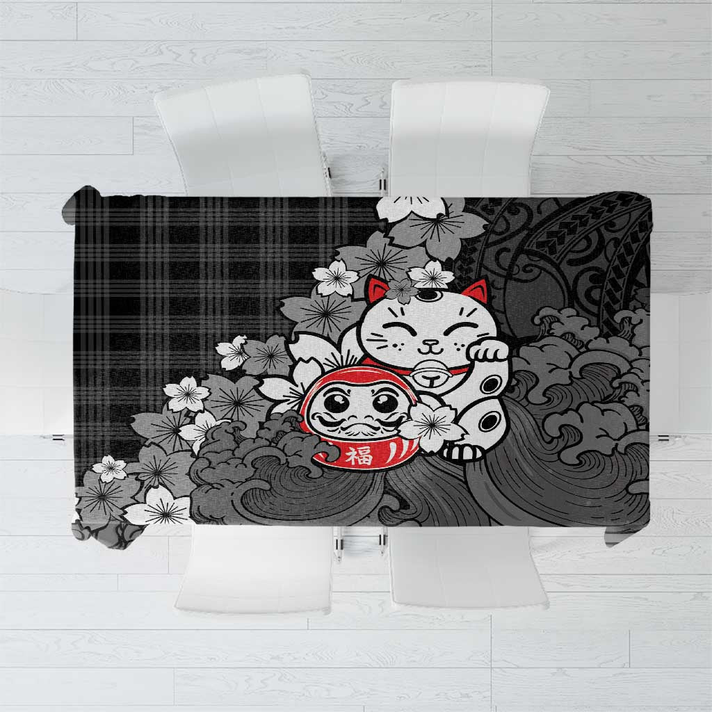 Black Palaka Hawaiian And Japanese Tablecloth Maneki Neko And Sakura Bloom DT05 Black - Polynesian Pride