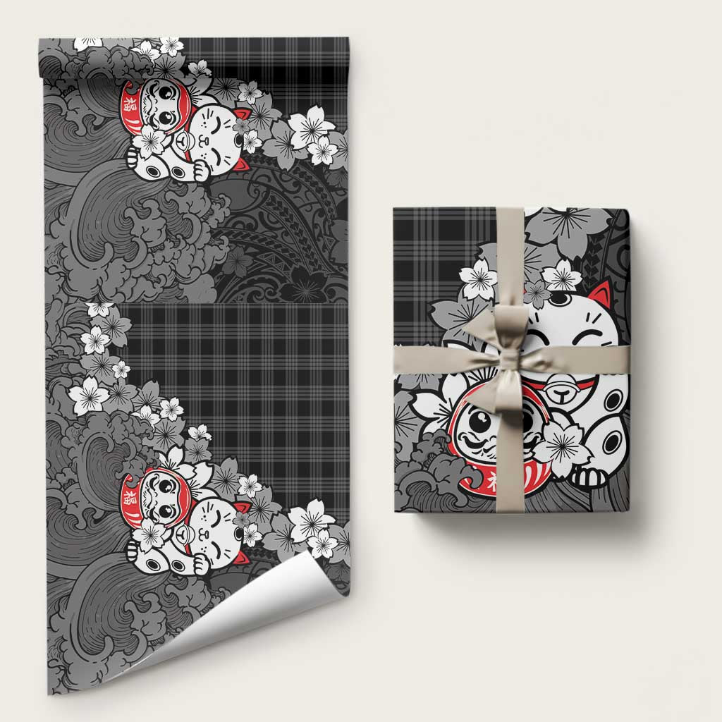 Black Palaka Hawaiian And Japanese Wrapping Paper Maneki Neko And Sakura Bloom DT05 58" × 23" Black - Polynesian Pride