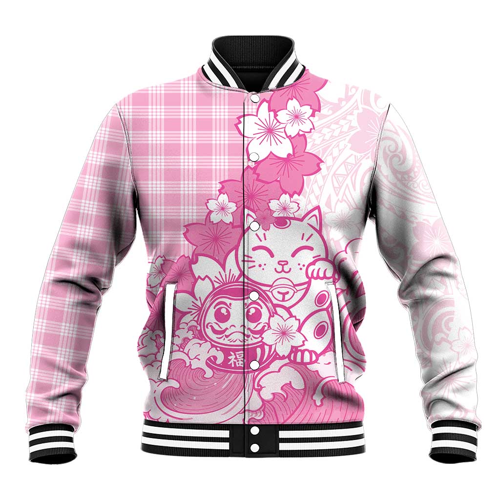 Pink Palaka Hawaiian And Japanese Baseball Jacket Maneki Neko And Sakura Bloom DT05 Unisex Pink - Polynesian Pride