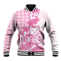 Pink Palaka Hawaiian And Japanese Baseball Jacket Maneki Neko And Sakura Bloom DT05 Unisex Pink - Polynesian Pride