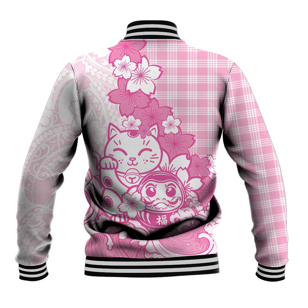 Pink Palaka Hawaiian And Japanese Baseball Jacket Maneki Neko And Sakura Bloom DT05 - Polynesian Pride