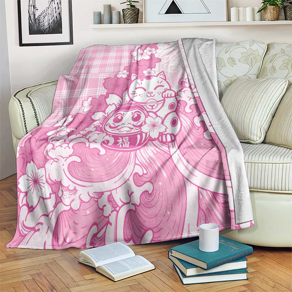 Pink Palaka Hawaiian And Japanese Blanket Maneki Neko And Sakura Bloom DT05 Pink - Polynesian Pride