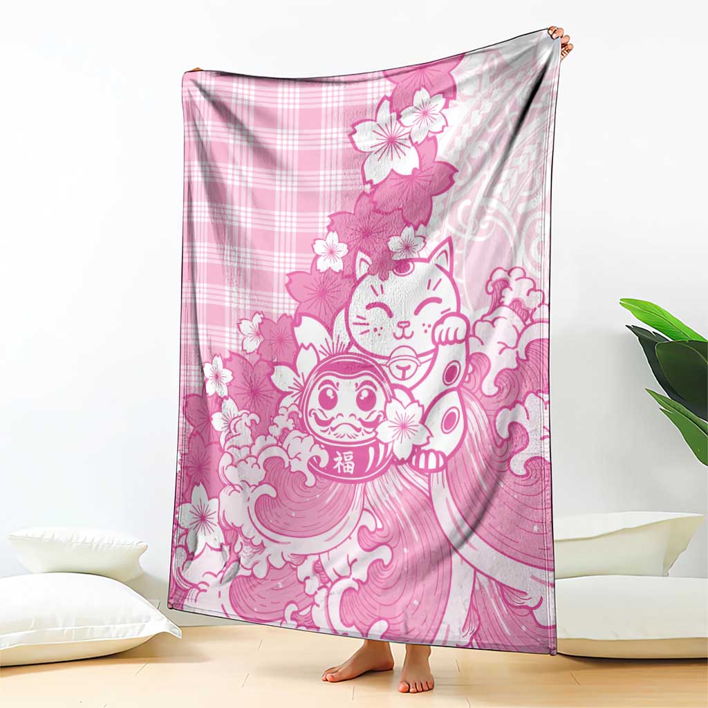 Pink Palaka Hawaiian And Japanese Blanket Maneki Neko And Sakura Bloom DT05 - Polynesian Pride