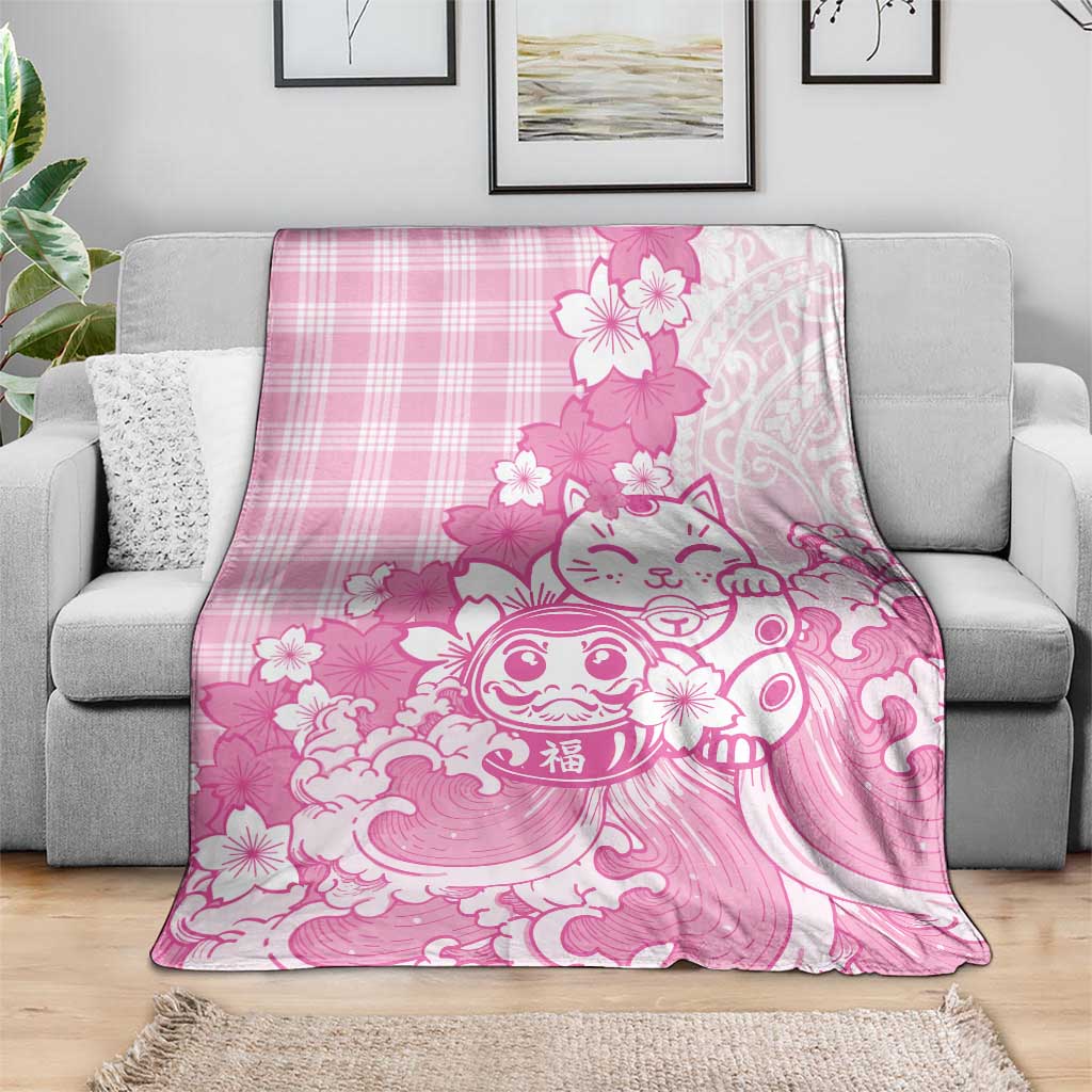 Pink Palaka Hawaiian And Japanese Blanket Maneki Neko And Sakura Bloom DT05 - Polynesian Pride