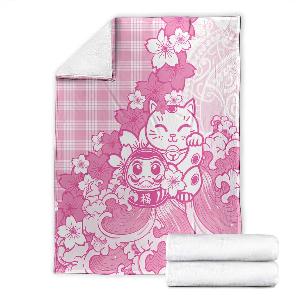 Pink Palaka Hawaiian And Japanese Blanket Maneki Neko And Sakura Bloom DT05 - Polynesian Pride