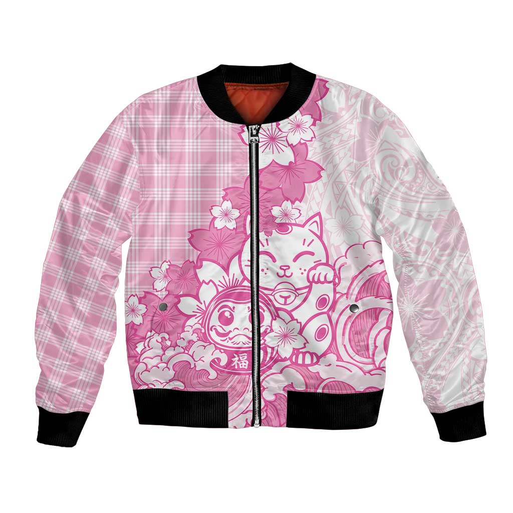 Pink Palaka Hawaiian And Japanese Bomber Jacket Maneki Neko And Sakura Bloom DT05 Unisex Pink - Polynesian Pride