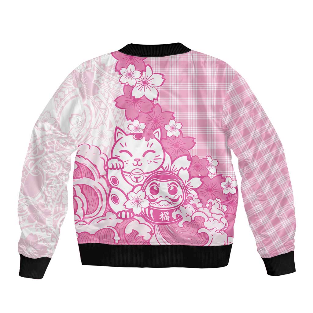 Pink Palaka Hawaiian And Japanese Bomber Jacket Maneki Neko And Sakura Bloom DT05 - Polynesian Pride