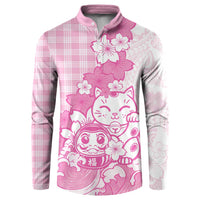 Pink Palaka Hawaiian And Japanese Button Sweatshirt Maneki Neko And Sakura Bloom DT05 Pink - Polynesian Pride