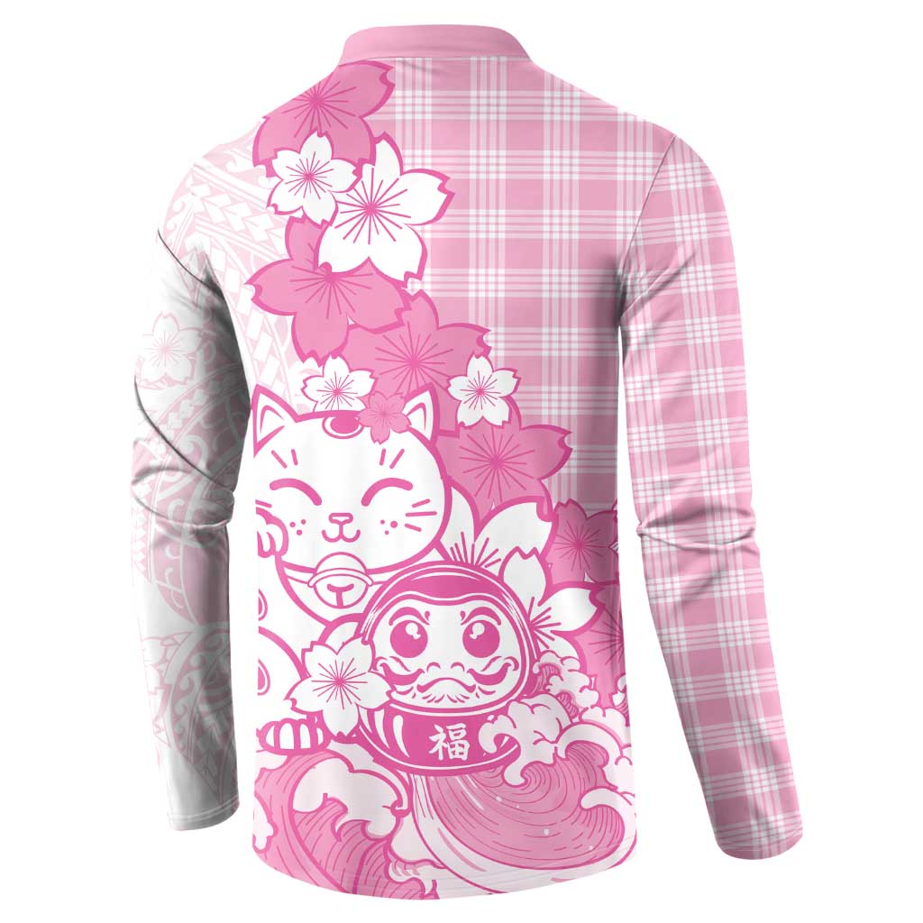 Pink Palaka Hawaiian And Japanese Button Sweatshirt Maneki Neko And Sakura Bloom DT05 - Polynesian Pride