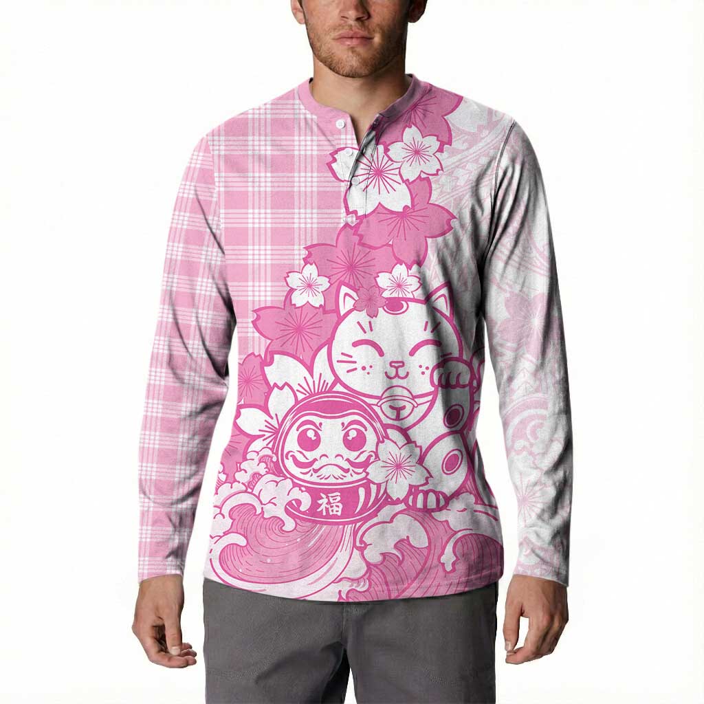 Pink Palaka Hawaiian And Japanese Button Sweatshirt Maneki Neko And Sakura Bloom DT05 - Polynesian Pride