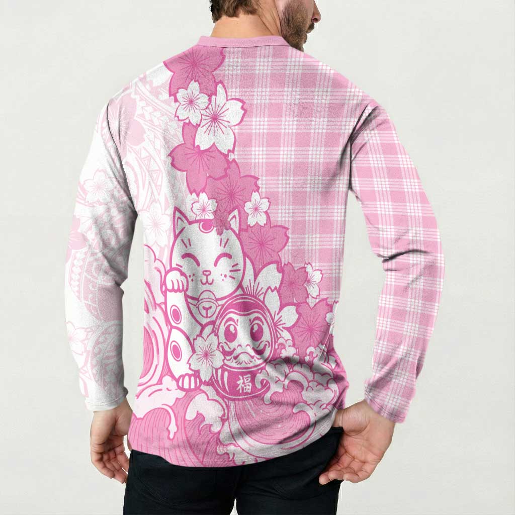 Pink Palaka Hawaiian And Japanese Button Sweatshirt Maneki Neko And Sakura Bloom DT05 - Polynesian Pride