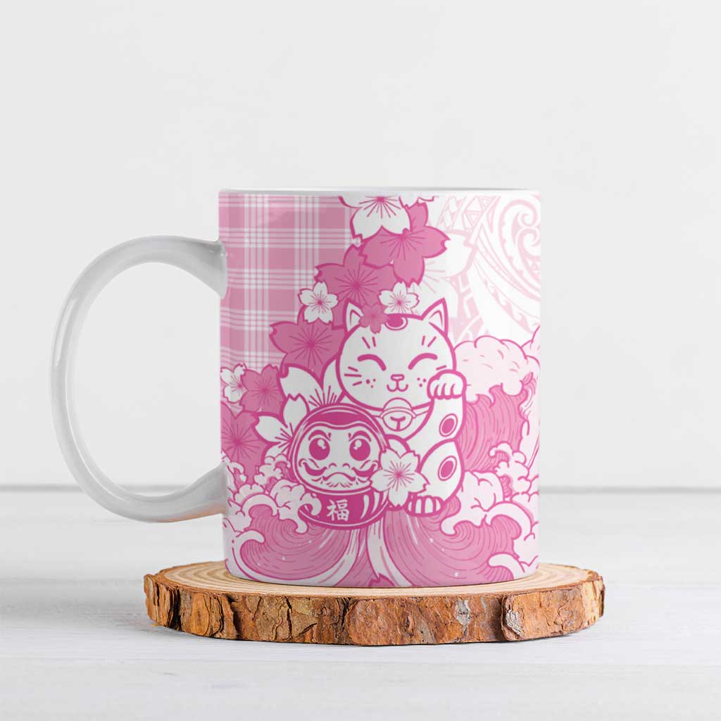 Pink Palaka Hawaiian And Japanese Ceramic Mug Maneki Neko And Sakura Bloom DT05 Pink - Polynesian Pride