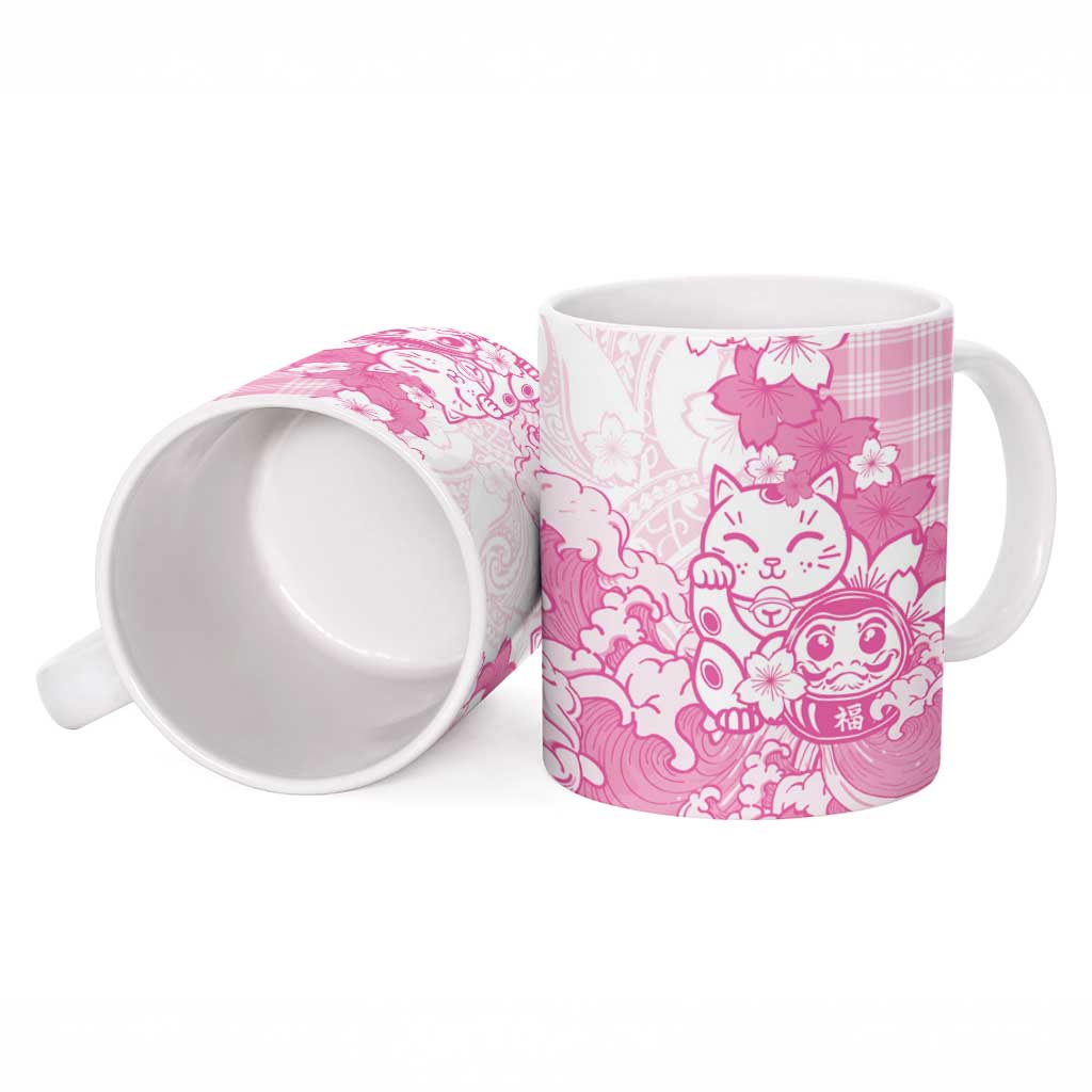 Pink Palaka Hawaiian And Japanese Ceramic Mug Maneki Neko And Sakura Bloom DT05 - Polynesian Pride