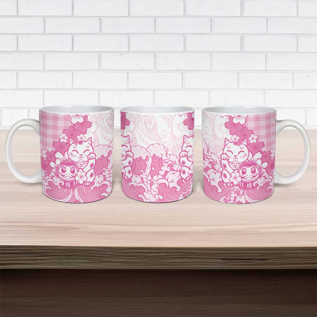 Pink Palaka Hawaiian And Japanese Ceramic Mug Maneki Neko And Sakura Bloom DT05 - Polynesian Pride