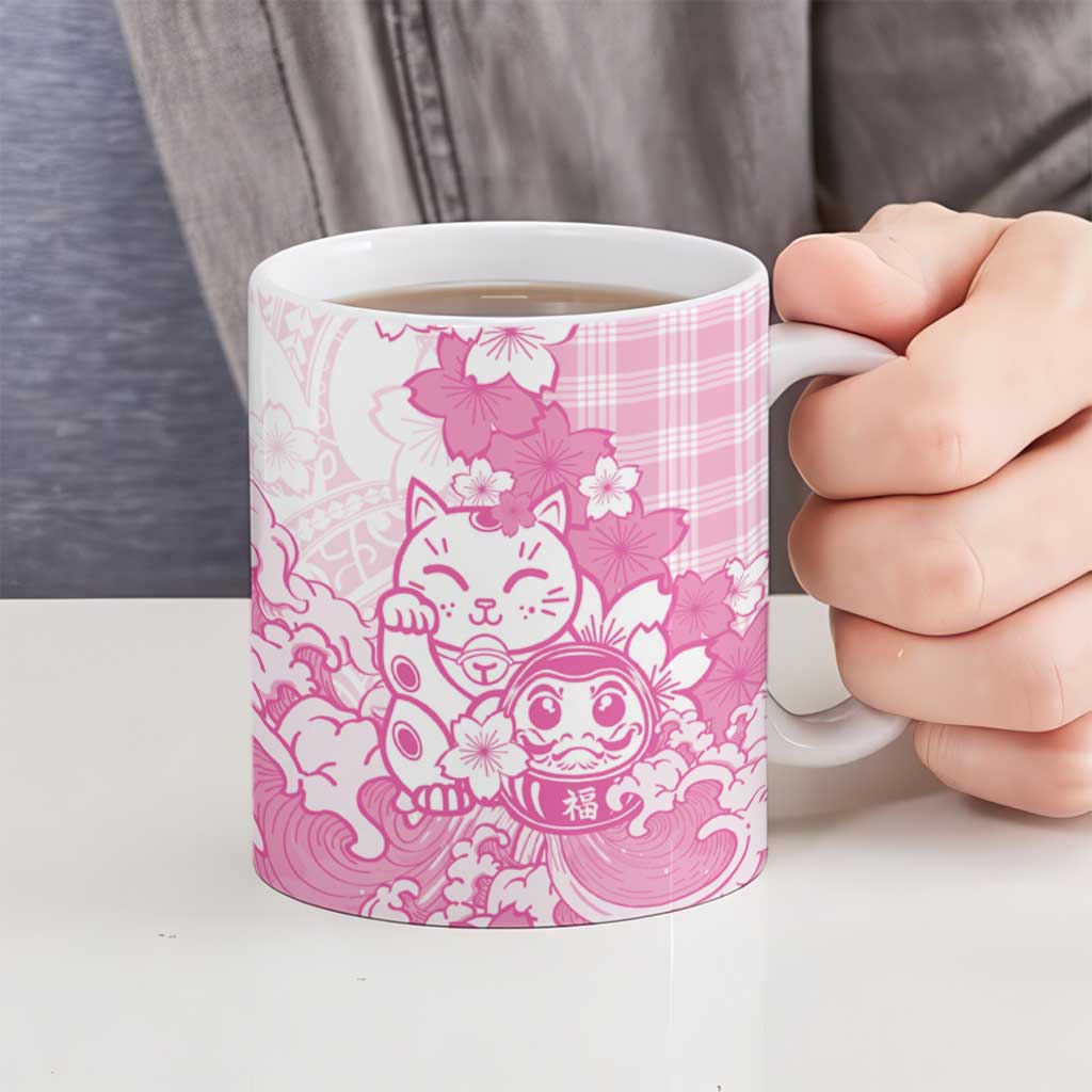 Pink Palaka Hawaiian And Japanese Ceramic Mug Maneki Neko And Sakura Bloom DT05 - Polynesian Pride