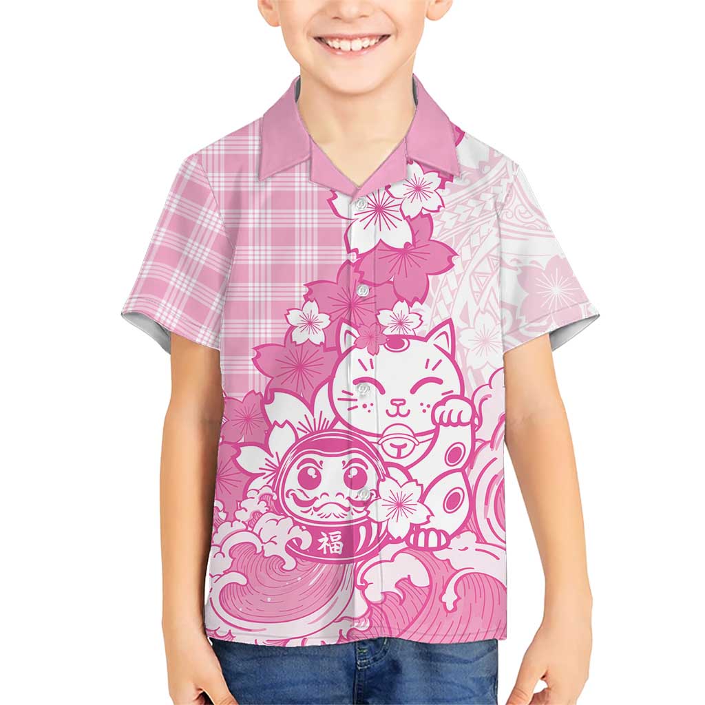 Pink Palaka Hawaiian And Japanese Kid Hawaiian Shirt Maneki Neko And Sakura Bloom DT05 Kid Pink - Polynesian Pride