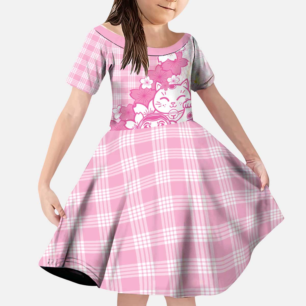 Pink Palaka Hawaiian And Japanese Kid Short Sleeve Dress Maneki Neko And Sakura Bloom DT05 KID Pink - Polynesian Pride