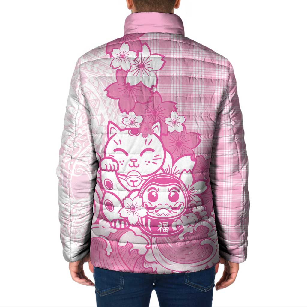 Pink Palaka Hawaiian And Japanese Padded Jacket Maneki Neko And Sakura Bloom DT05 - Polynesian Pride