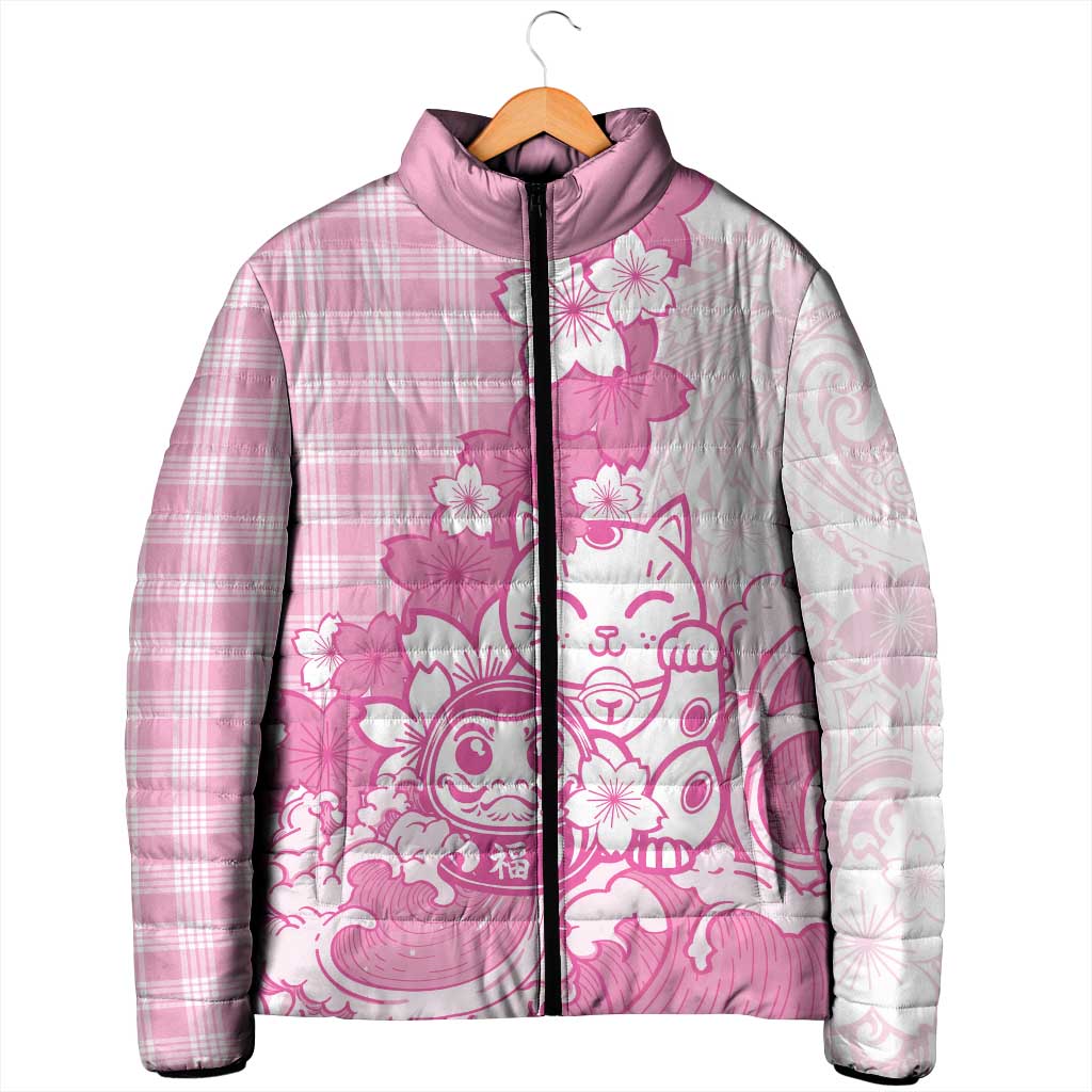 Pink Palaka Hawaiian And Japanese Padded Jacket Maneki Neko And Sakura Bloom DT05 - Polynesian Pride