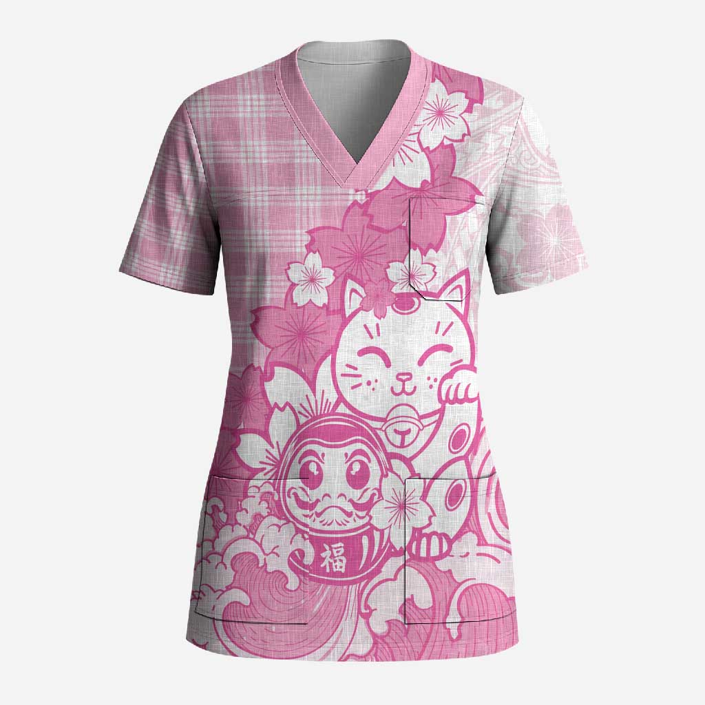 Pink Palaka Hawaiian And Japanese Scrub Top Maneki Neko And Sakura Bloom DT05 Adult Pink - Polynesian Pride