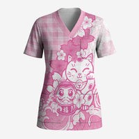 Pink Palaka Hawaiian And Japanese Scrub Top Maneki Neko And Sakura Bloom DT05 Adult Pink - Polynesian Pride