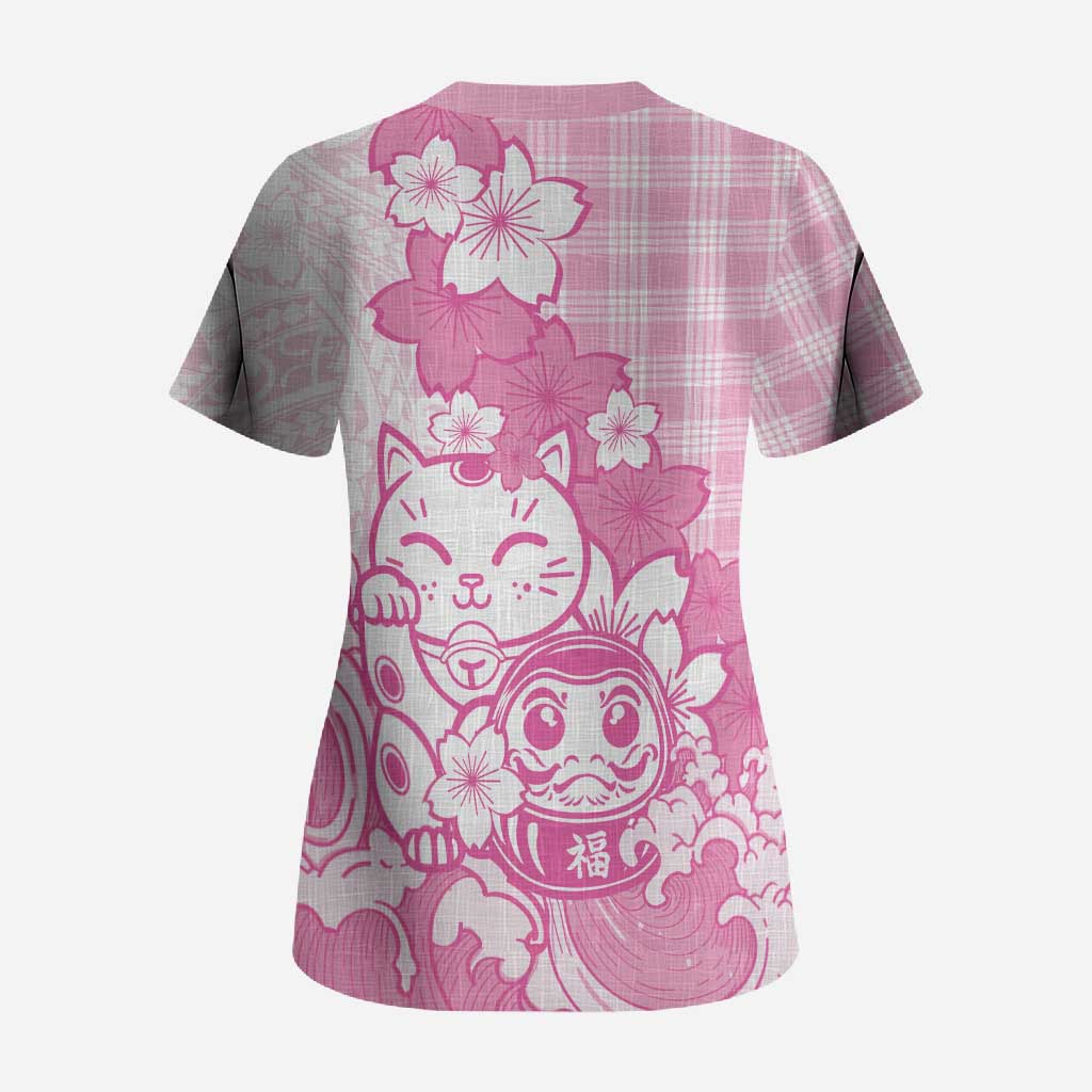 Pink Palaka Hawaiian And Japanese Scrub Top Maneki Neko And Sakura Bloom DT05 - Polynesian Pride