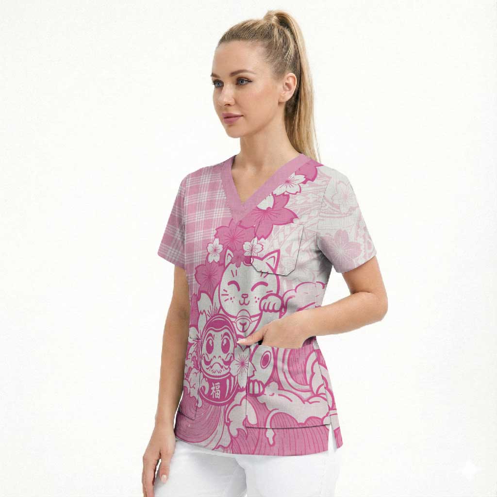 Pink Palaka Hawaiian And Japanese Scrub Top Maneki Neko And Sakura Bloom DT05 - Polynesian Pride