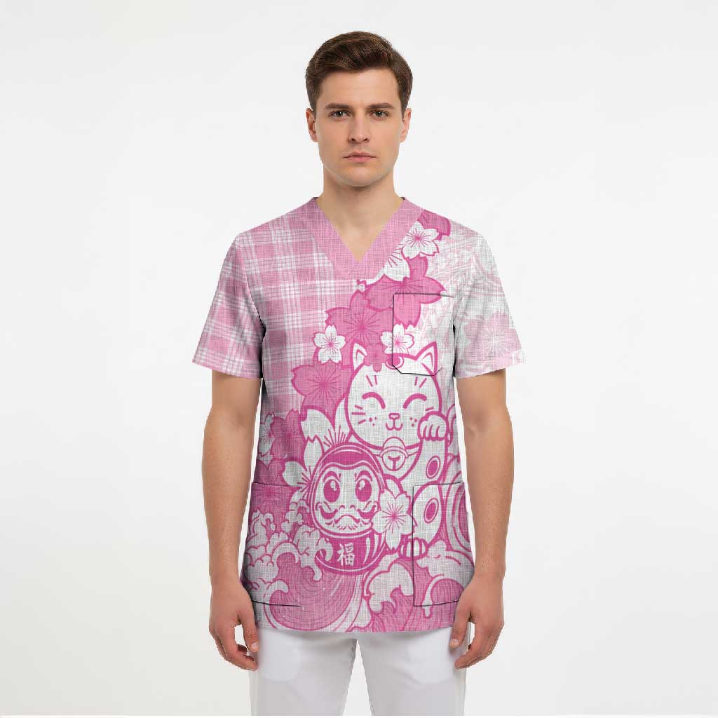 Pink Palaka Hawaiian And Japanese Scrub Top Maneki Neko And Sakura Bloom DT05 - Polynesian Pride