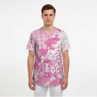Pink Palaka Hawaiian And Japanese Scrub Top Maneki Neko And Sakura Bloom DT05 - Polynesian Pride